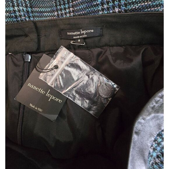 Plaid Pencil Skirt Blue Black Wool & Leather dark Academia teacher whimsygoth - Picture 5 of 10